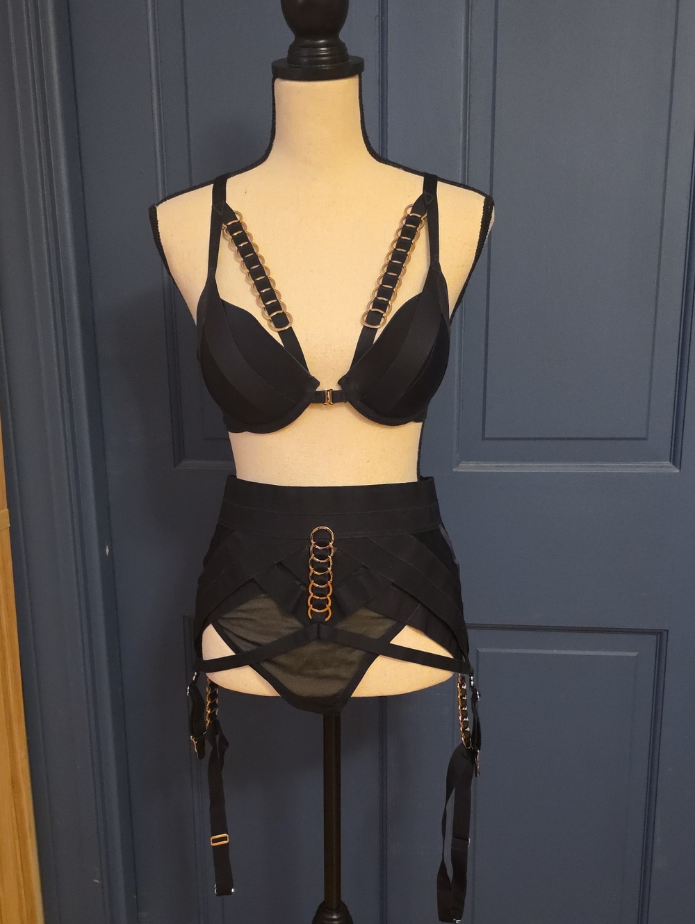 Worn Once Honey Birdette Black Bra Panty & Waspie 3 Piece Set Sz 32D & Large